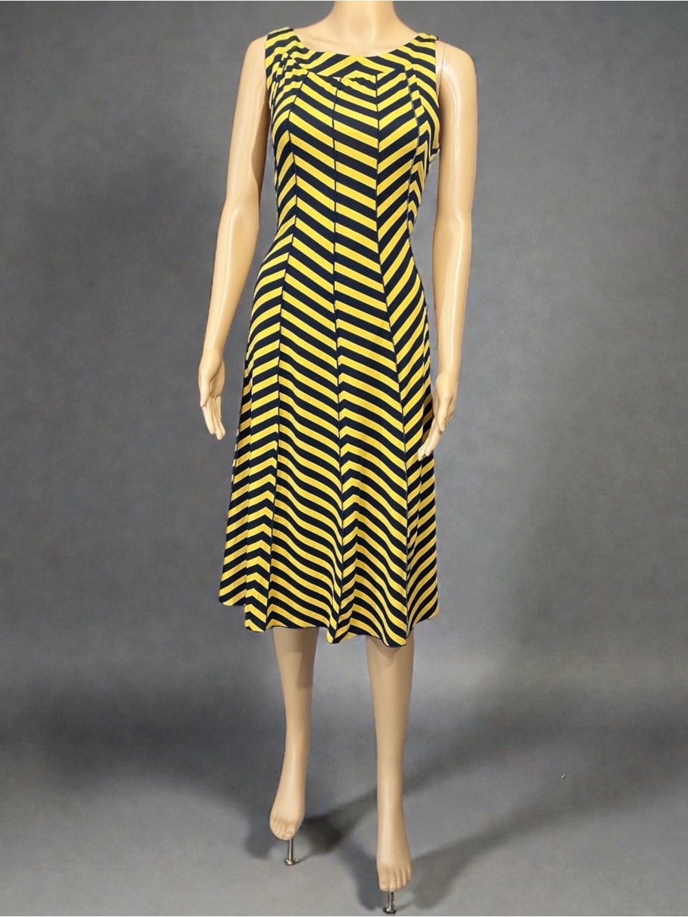 Sleeveless Yellow and Black Striped Midi Dress